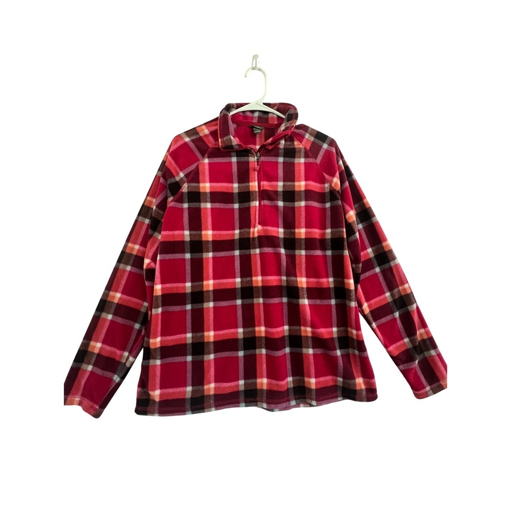Eddie Bauer Women's L Fleece Quarter Zip Pullover Plaid Red Black Orange